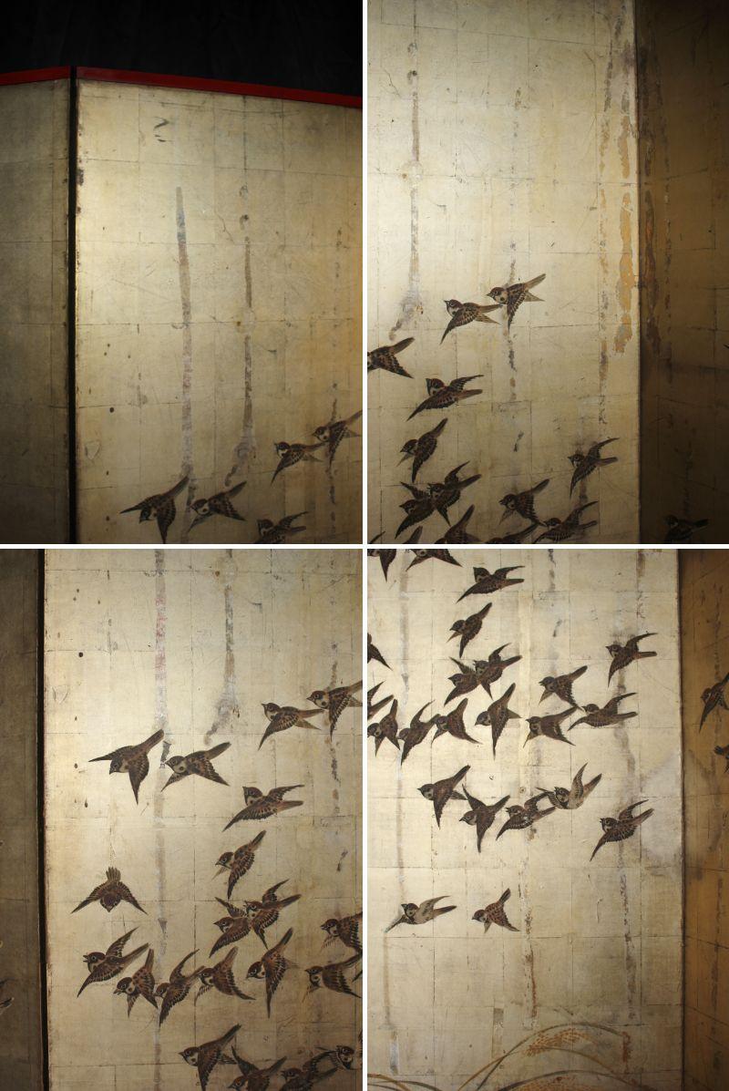 B57 Japanese Antiques Silver folding screen, 6panels, Sparrows in autumn grass For Sale 4