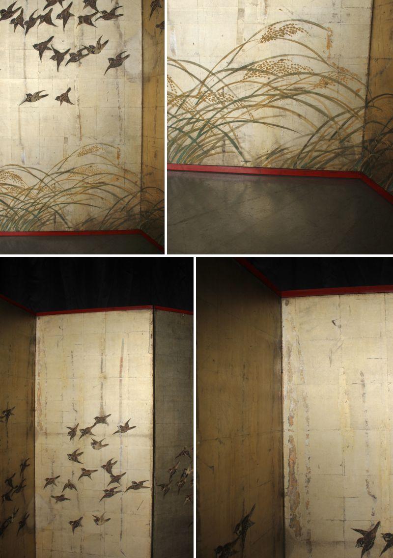 B57 Japanese Antiques Silver folding screen, 6panels, Sparrows in autumn grass For Sale 5