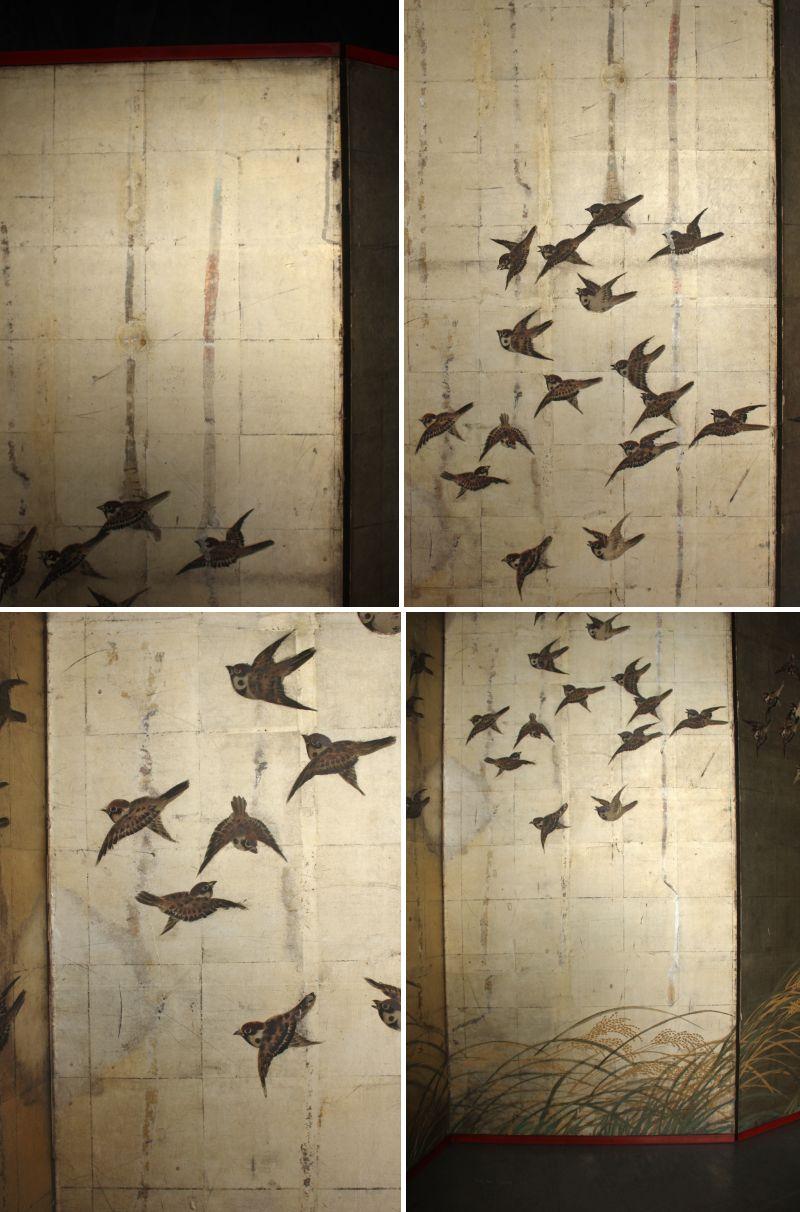 B57 Japanese Antiques Silver folding screen, 6panels, Sparrows in autumn grass For Sale 7