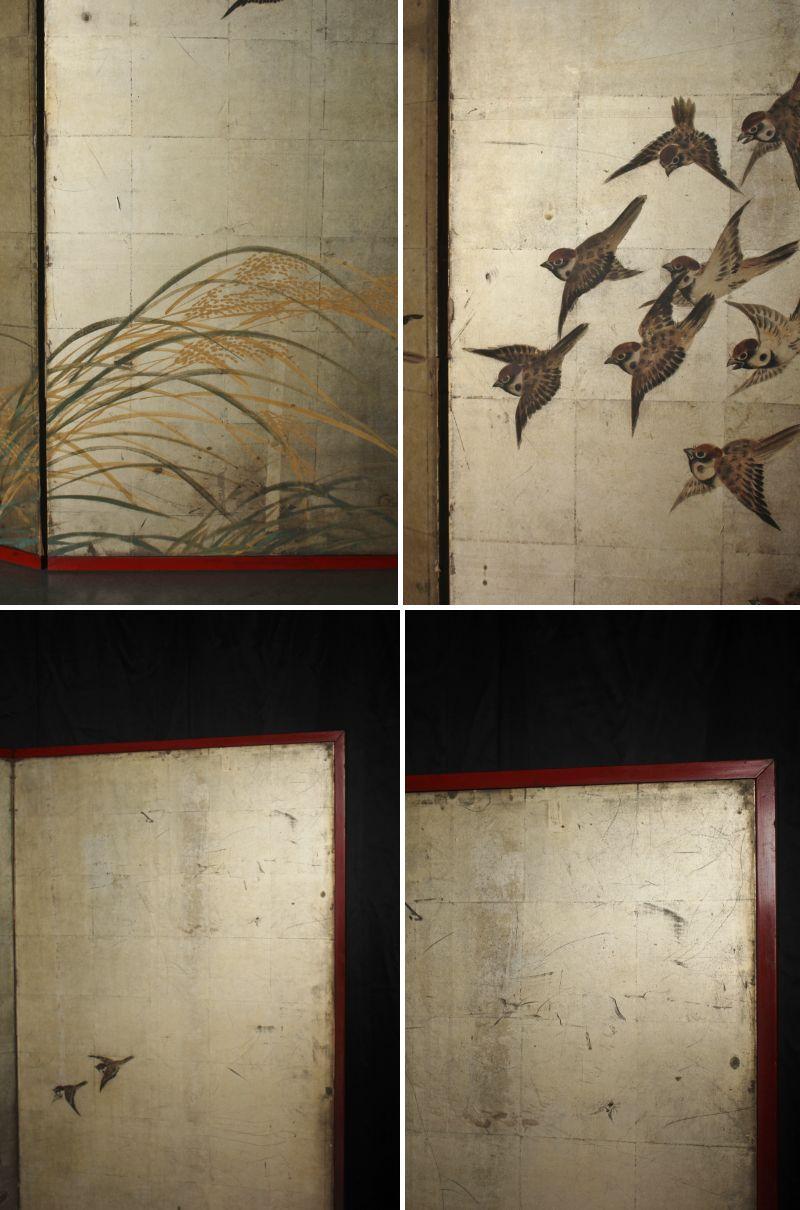 B57 Japanese Antiques Silver folding screen, 6panels, Sparrows in autumn grass For Sale 9