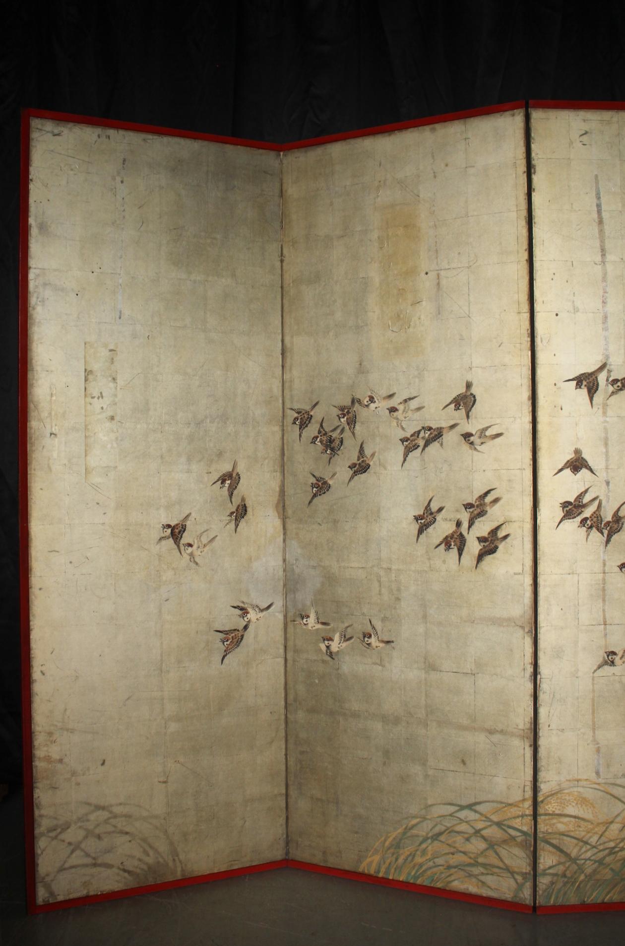 Hand-Painted B57 Japanese Antiques Silver folding screen, 6panels, Sparrows in autumn grass For Sale