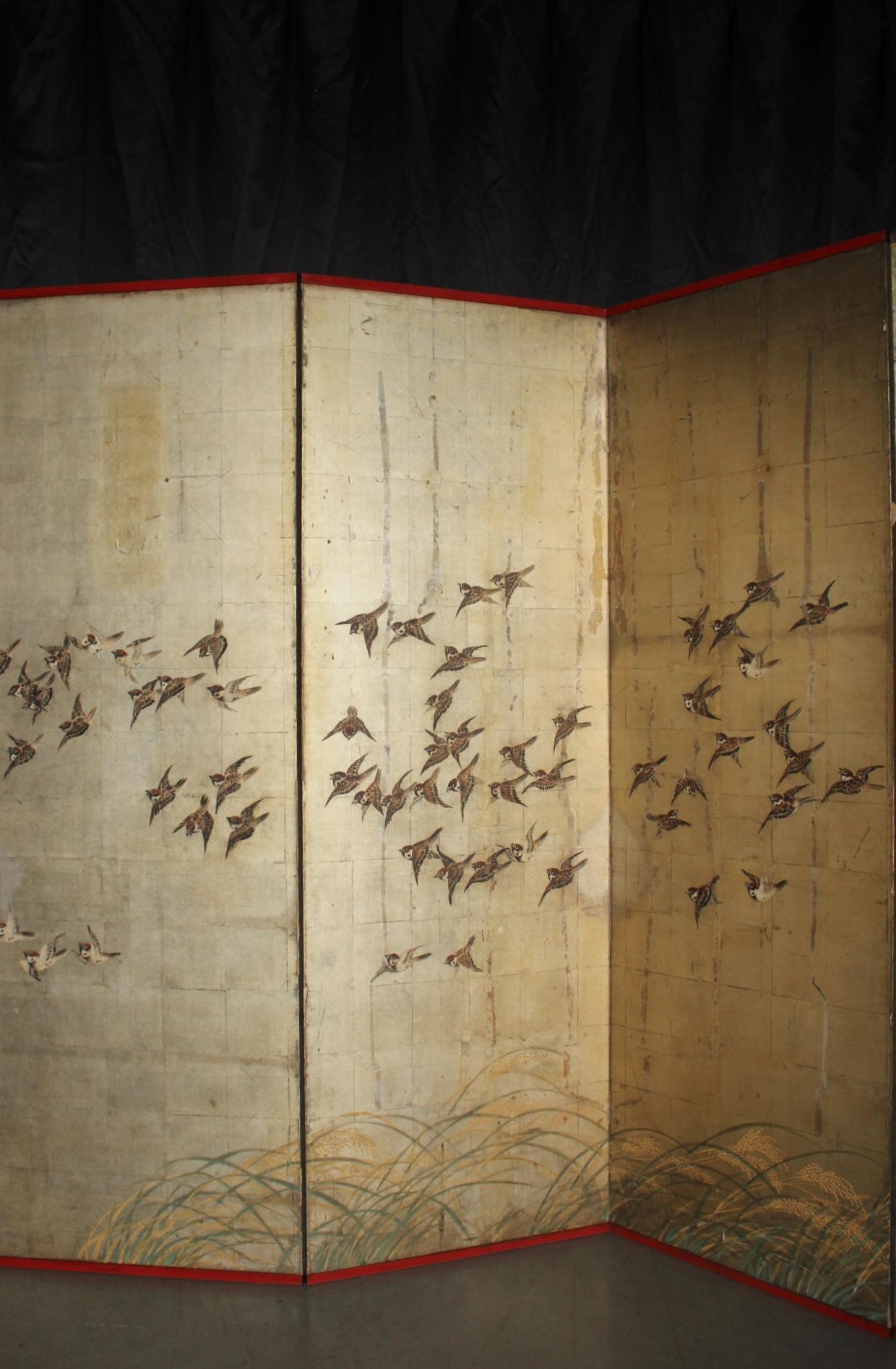 B57 Japanese Antiques Silver folding screen, 6panels, Sparrows in autumn grass In Distressed Condition For Sale In Niiza, JP