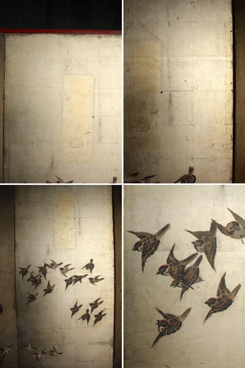 B57 Japanese Antiques Silver folding screen, 6panels, Sparrows in autumn grass For Sale 1