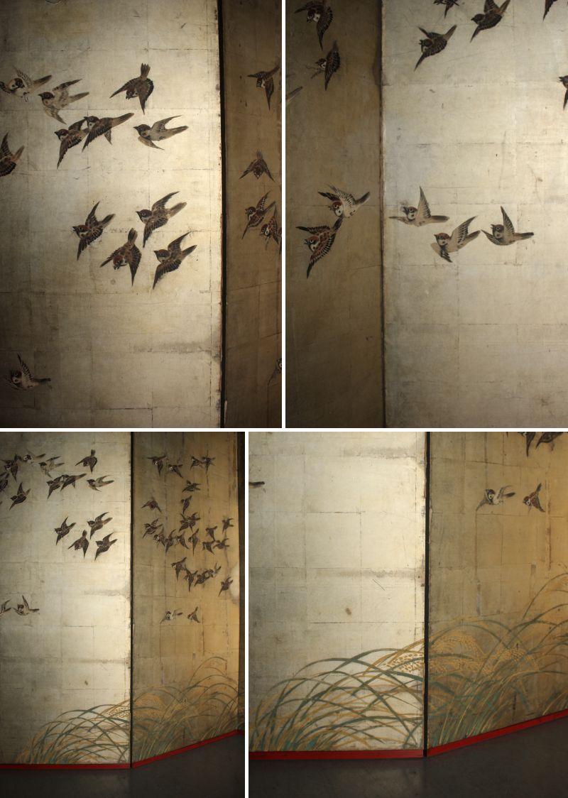 B57 Japanese Antiques Silver folding screen, 6panels, Sparrows in autumn grass For Sale 2