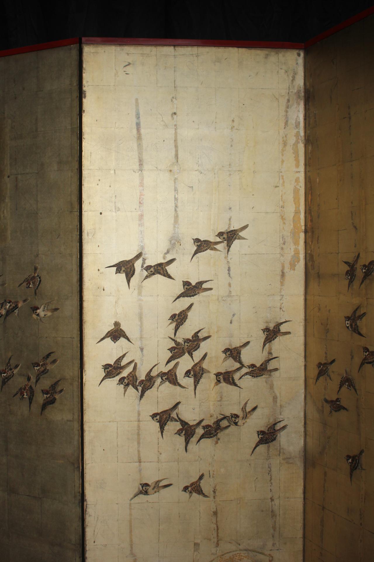 B57 Japanese Antiques Silver folding screen, 6panels, Sparrows in autumn grass For Sale 3