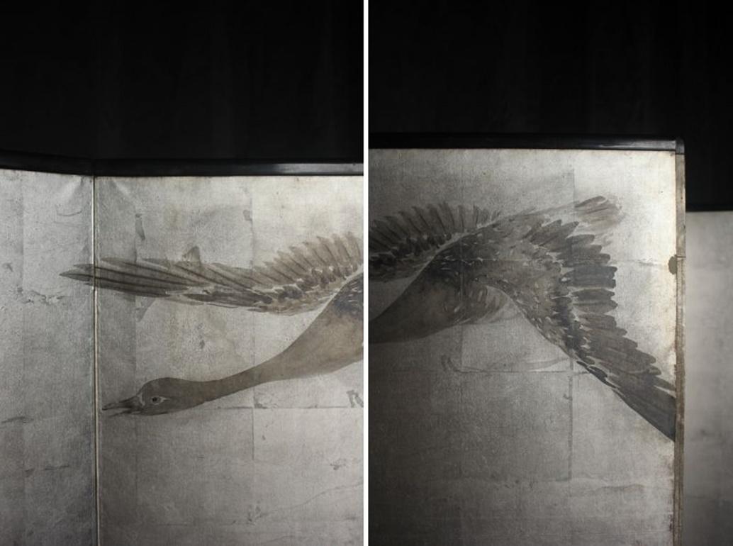 B58 Antigüedades japonesas, gansos sobre mijo, juego de biombos de plata, tinta, 8paneles en venta 5