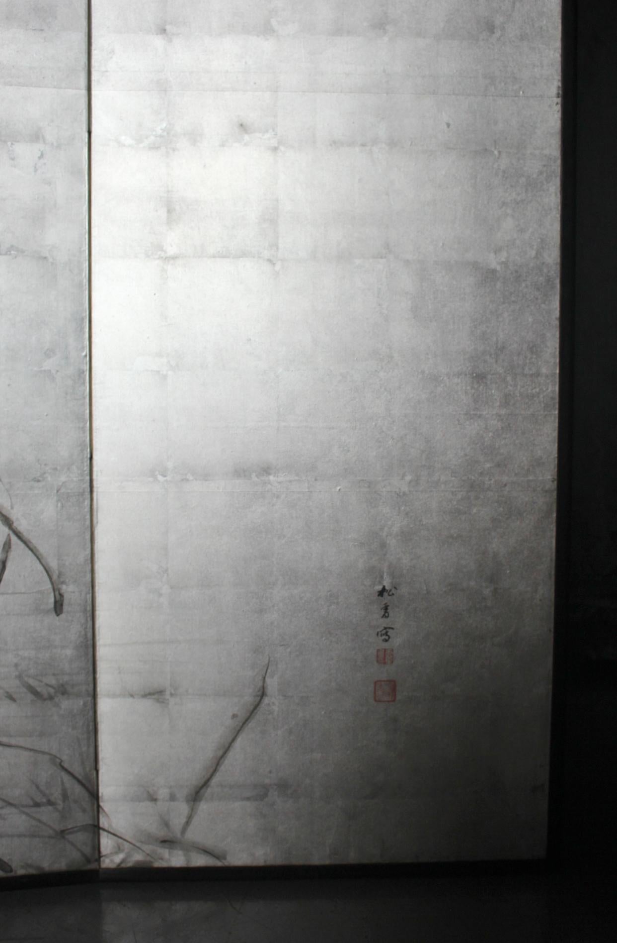 B58 Antigüedades japonesas, gansos sobre mijo, juego de biombos de plata, tinta, 8paneles en venta 9