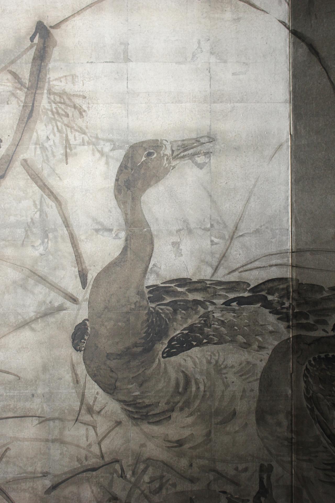 B59 Antigüedades japonesas, gansos sobre mijo, juego de biombos de plata, tinta, 8paneles en venta 1