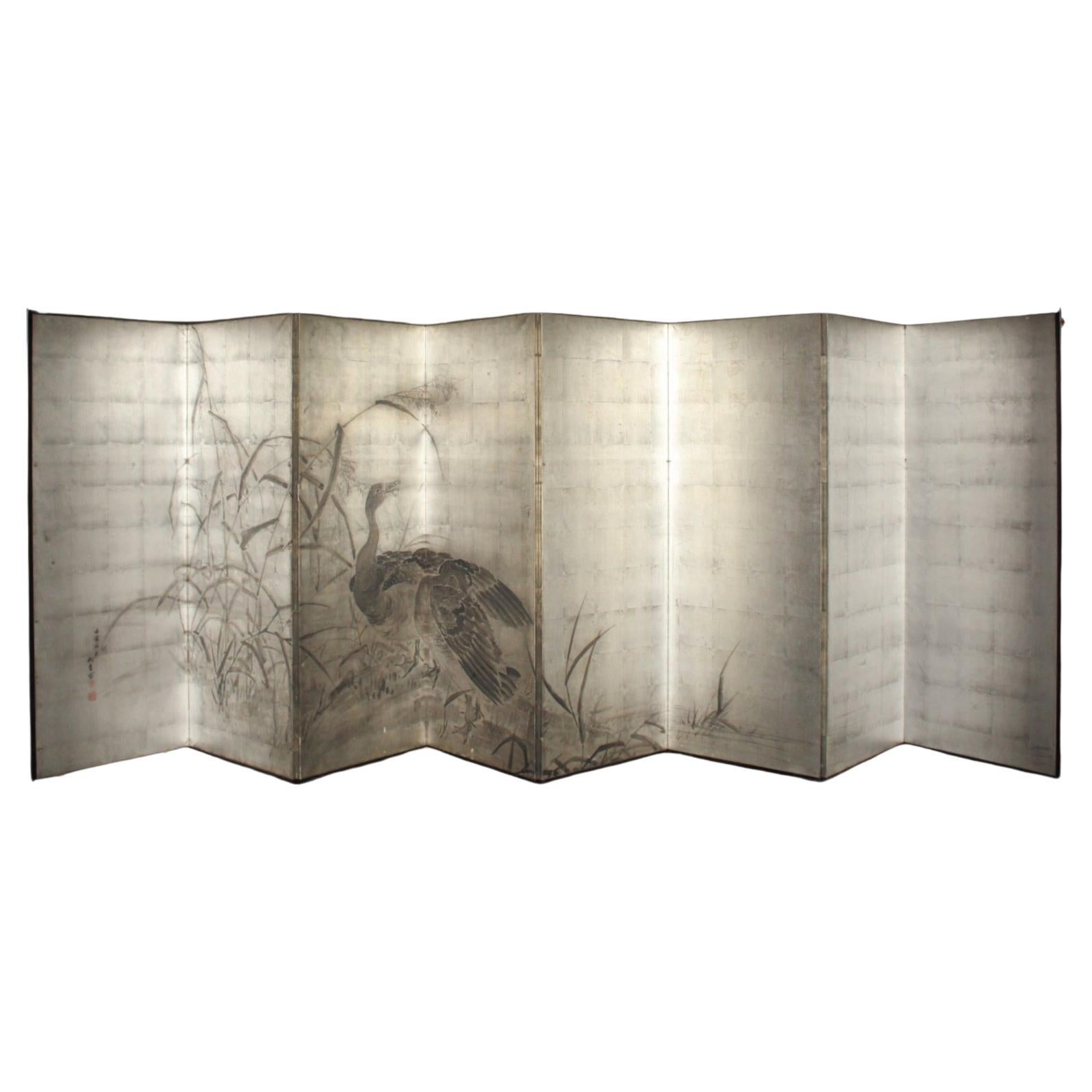 B59 Antigüedades japonesas, gansos sobre mijo, juego de biombos de plata, tinta, 8paneles en venta