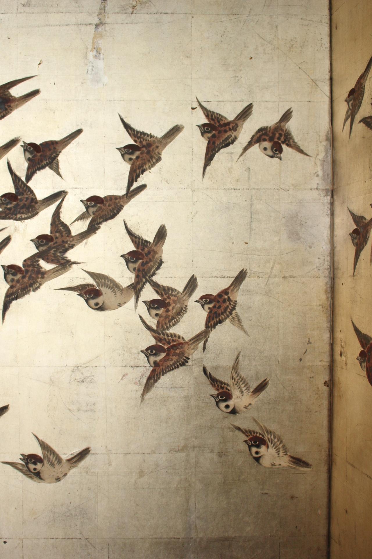B63 Japanese Antiques Silver folding screen, 6panels, Sparrows in autumn grass For Sale 4