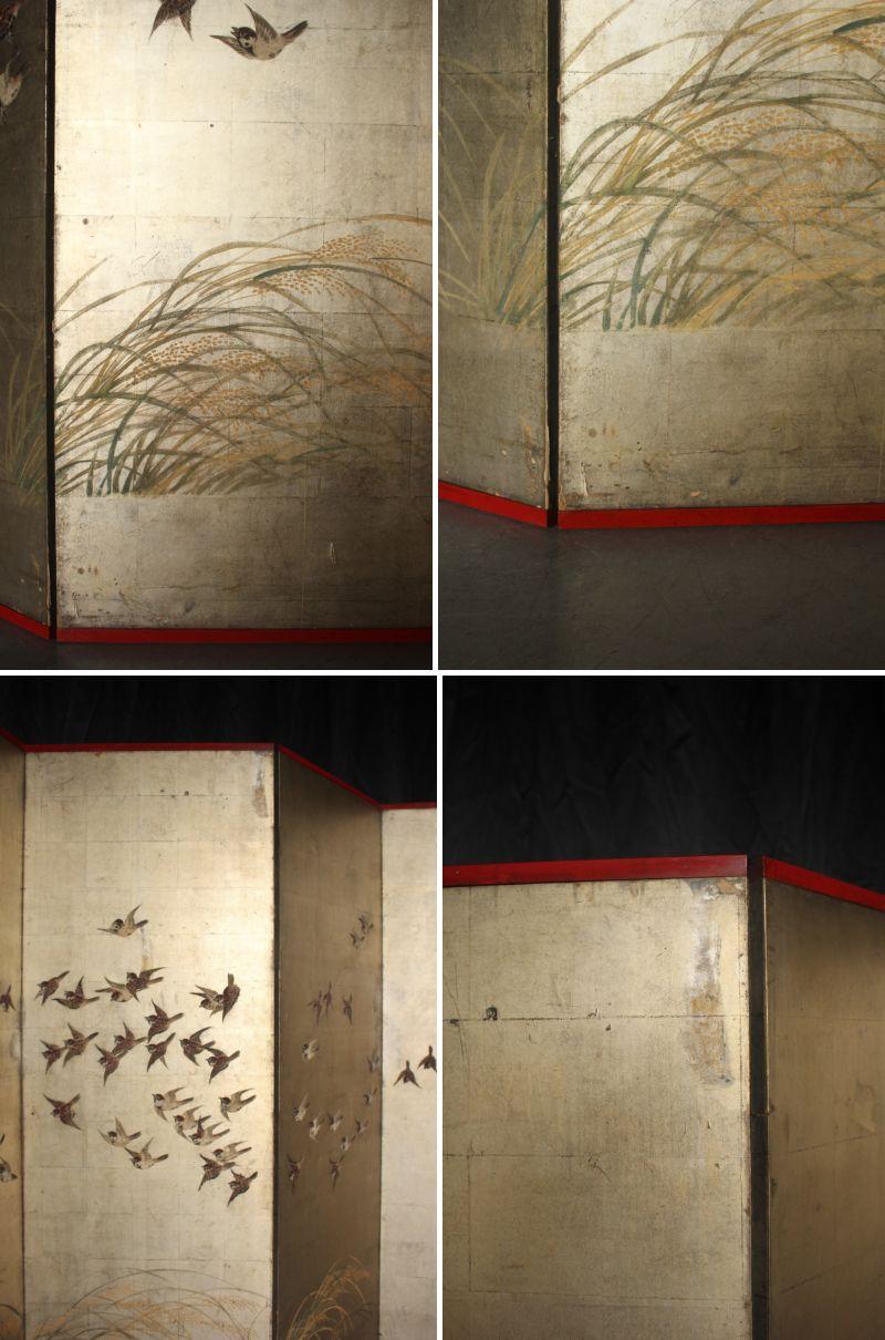 B63 Japanese Antiques Silver folding screen, 6panels, Sparrows in autumn grass For Sale 5