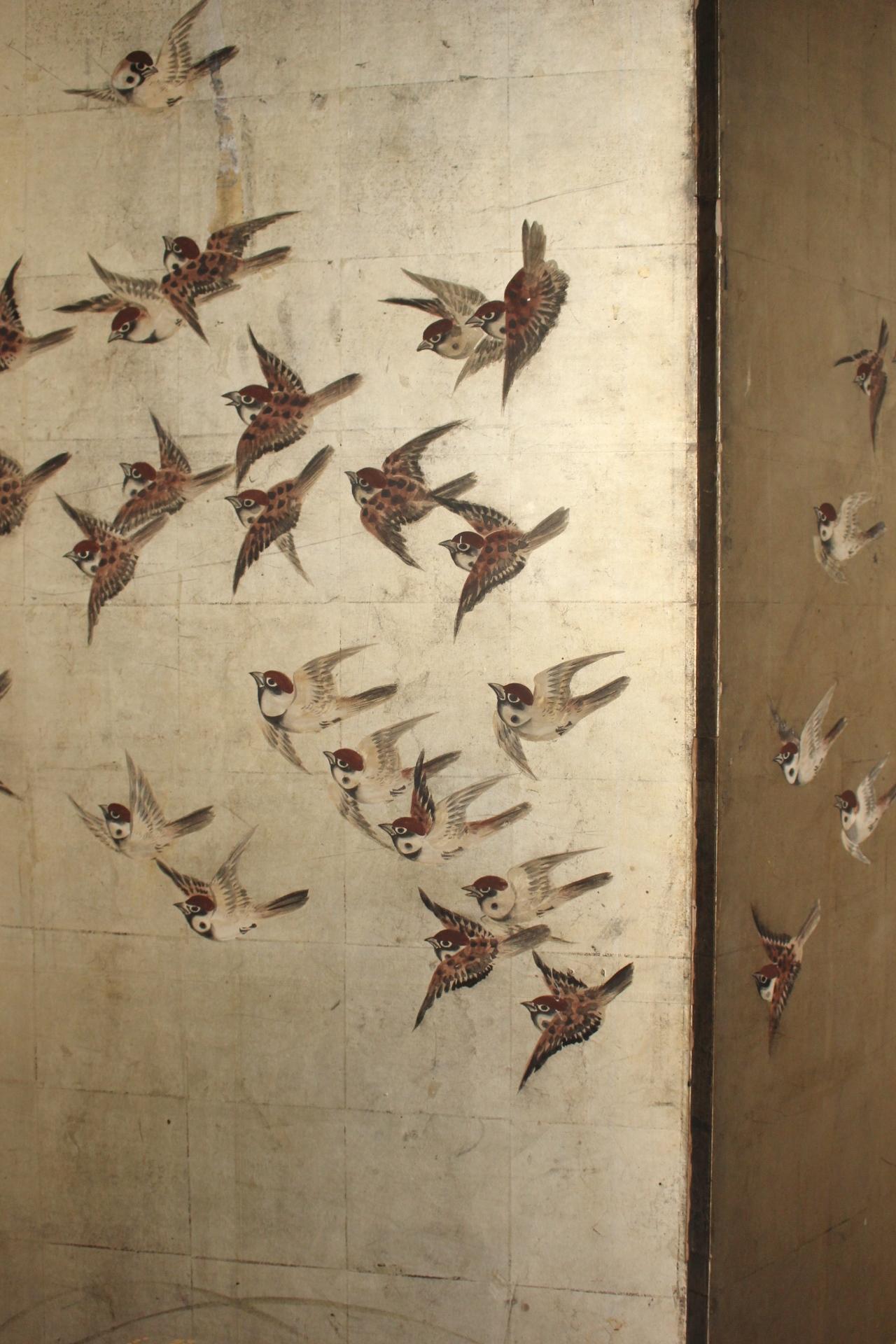 B63 Japanese Antiques Silver folding screen, 6panels, Sparrows in autumn grass For Sale 7