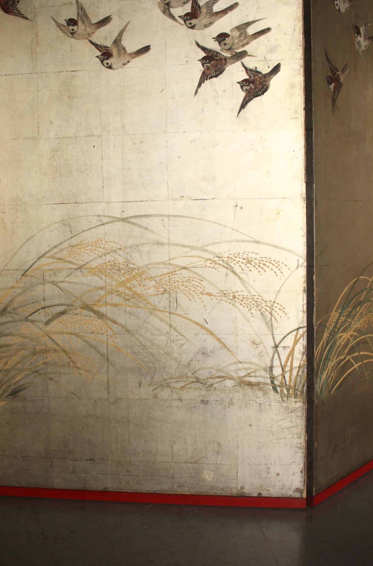 B63 Japanese Antiques Silver folding screen, 6panels, Sparrows in autumn grass For Sale 8