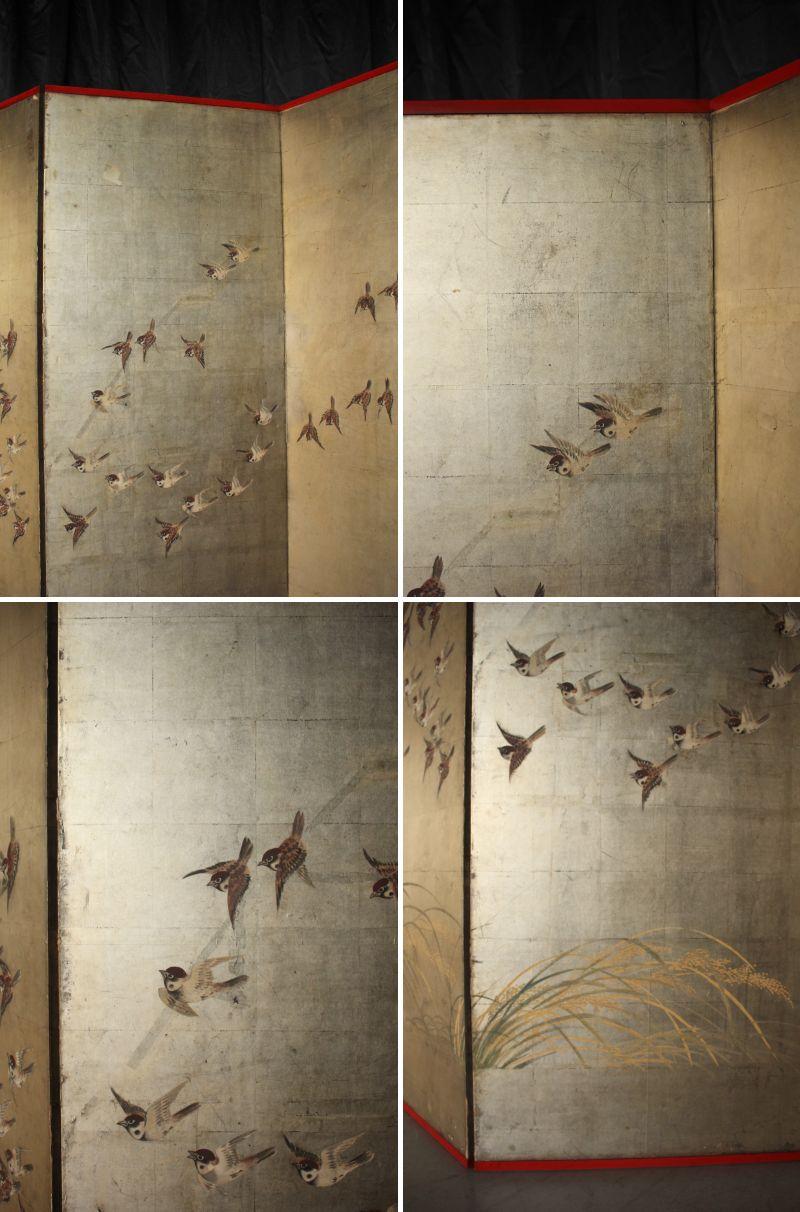 B63 Japanese Antiques Silver folding screen, 6panels, Sparrows in autumn grass For Sale 9