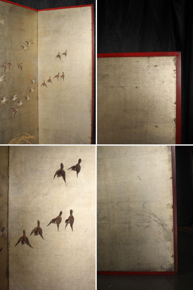 B63 Japanese Antiques Silver folding screen, 6panels, Sparrows in autumn grass For Sale 10