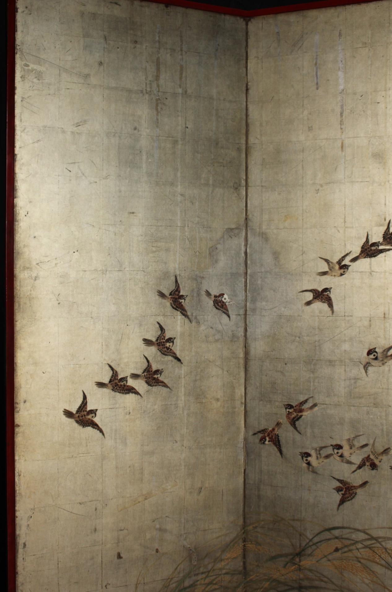 Hand-Painted B63 Japanese Antiques Silver folding screen, 6panels, Sparrows in autumn grass For Sale
