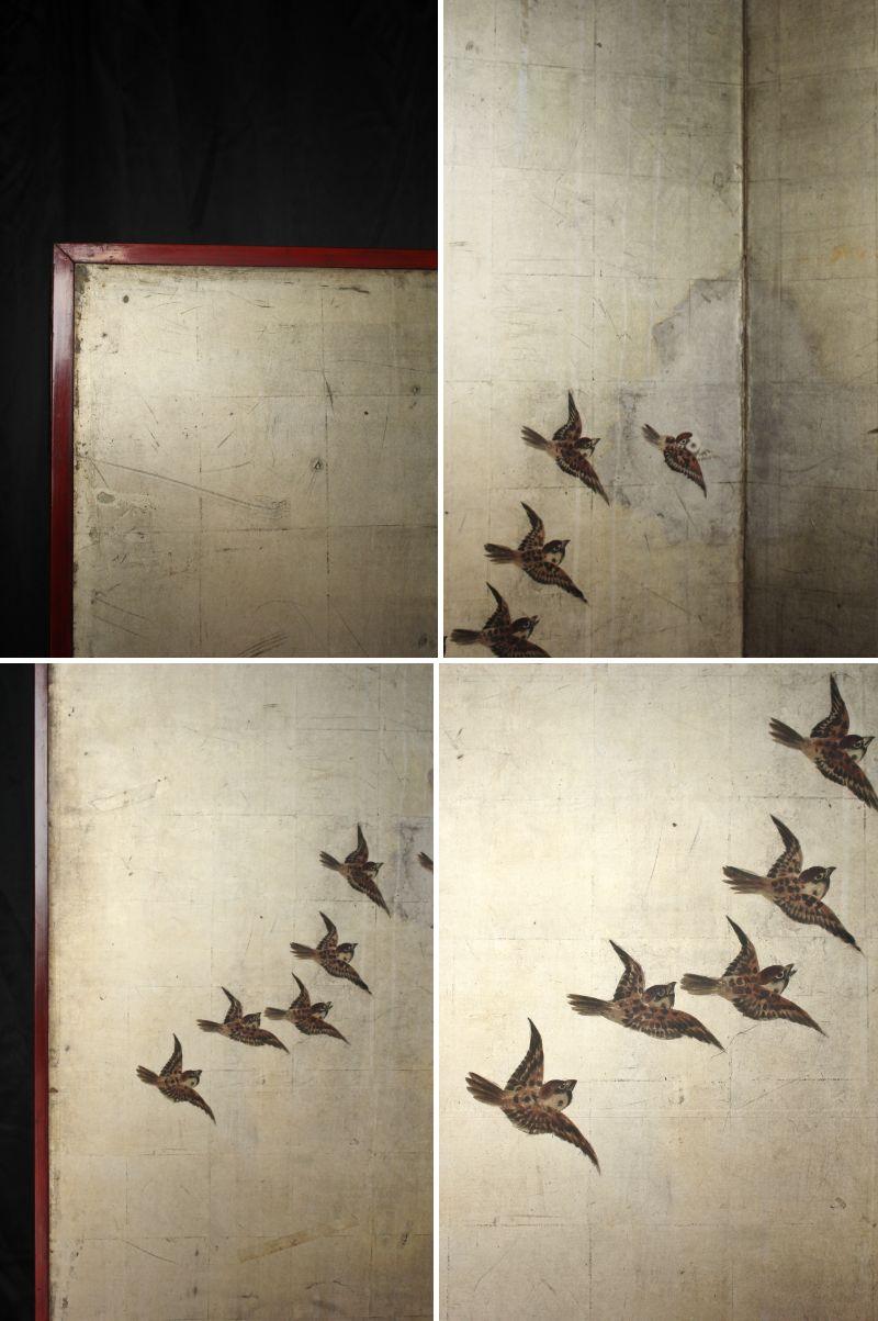 B63 Japanese Antiques Silver folding screen, 6panels, Sparrows in autumn grass In Distressed Condition For Sale In Niiza, JP