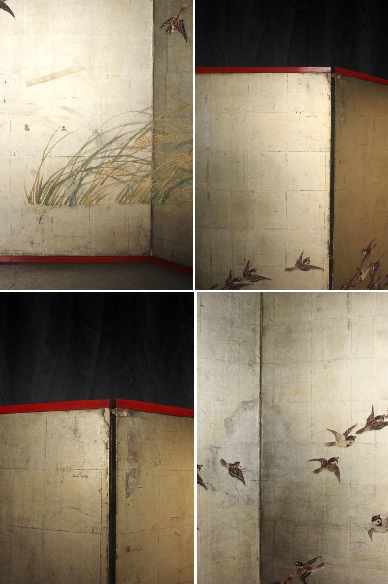 19th Century B63 Japanese Antiques Silver folding screen, 6panels, Sparrows in autumn grass For Sale