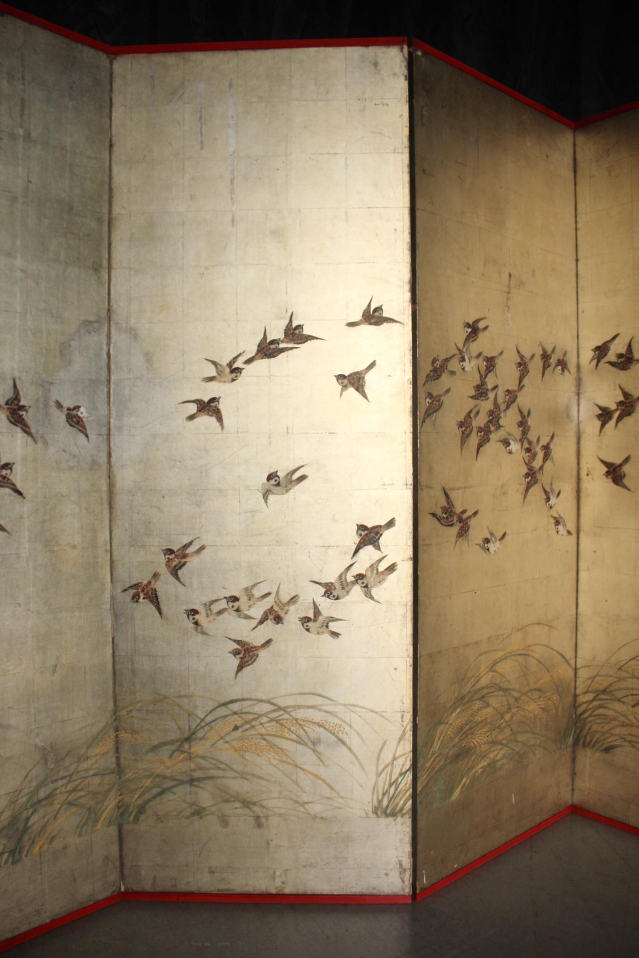 Wood B63 Japanese Antiques Silver folding screen, 6panels, Sparrows in autumn grass For Sale
