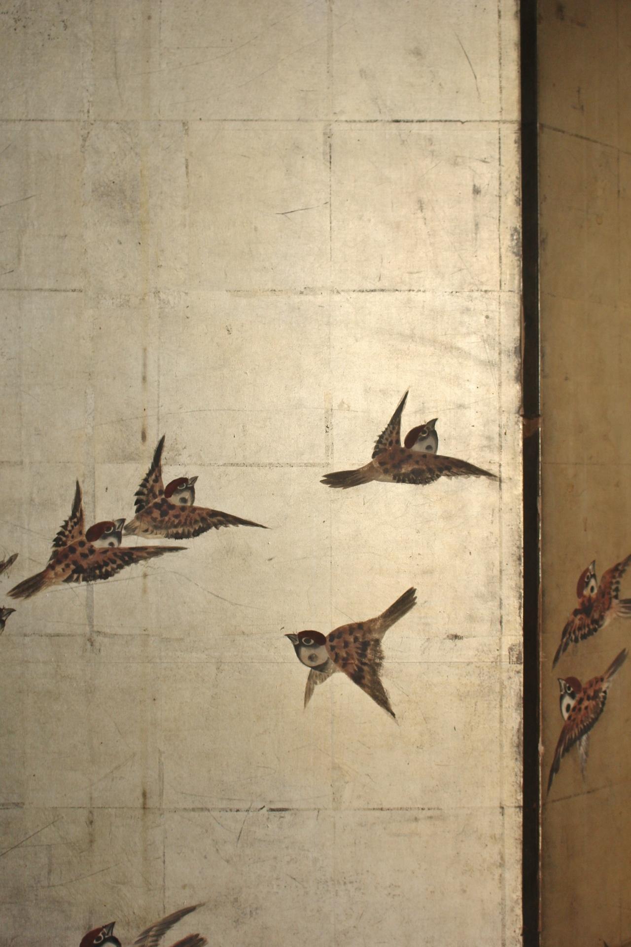 B63 Japanese Antiques Silver folding screen, 6panels, Sparrows in autumn grass For Sale 1