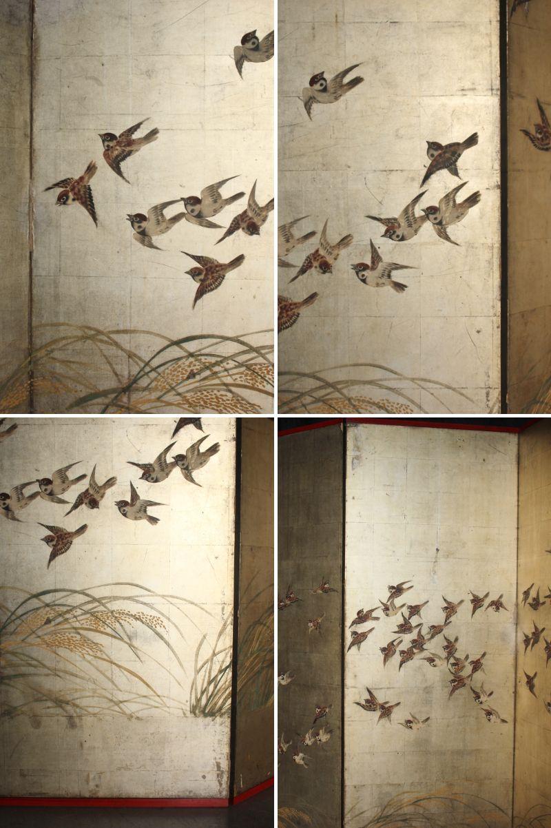 B63 Japanese Antiques Silver folding screen, 6panels, Sparrows in autumn grass For Sale 2