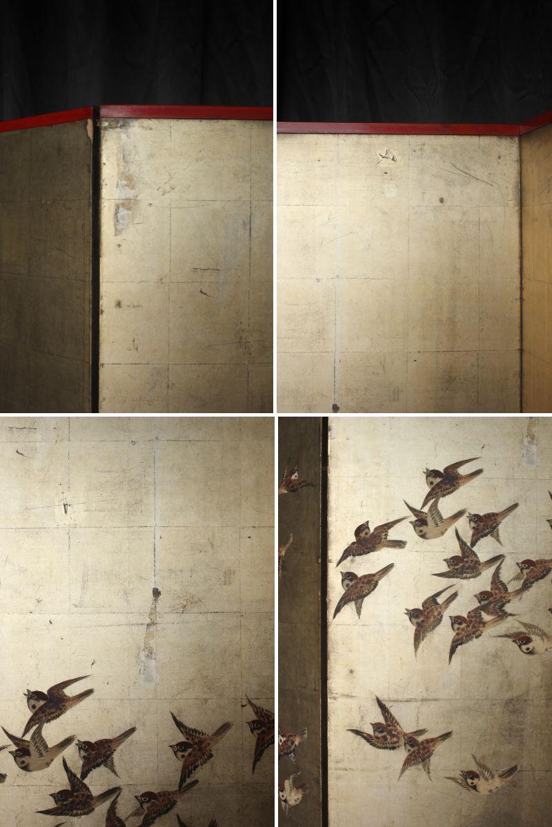 B63 Japanese Antiques Silver folding screen, 6panels, Sparrows in autumn grass For Sale 3