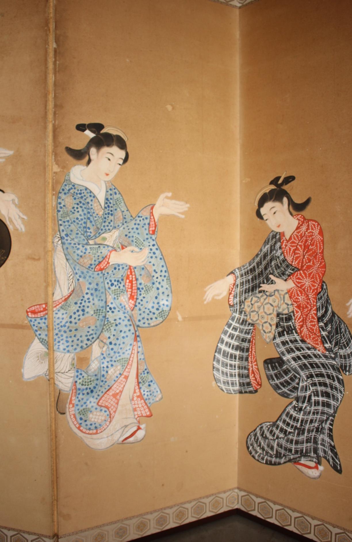B72 Vieilles antiquités japonaises 6panneaux, citadins dansant Ukiyoe, paravent en vente 3