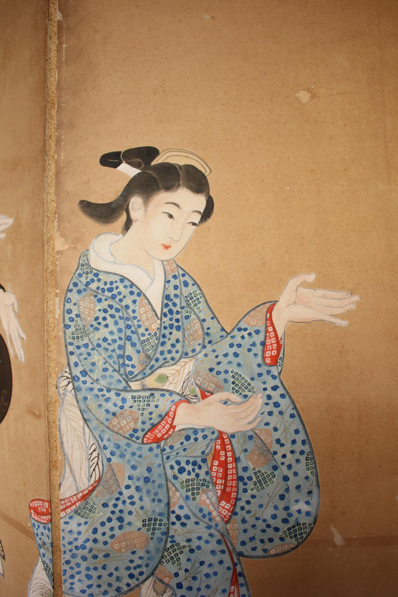 B72 Vieilles antiquités japonaises 6panneaux, citadins dansant Ukiyoe, paravent en vente 4