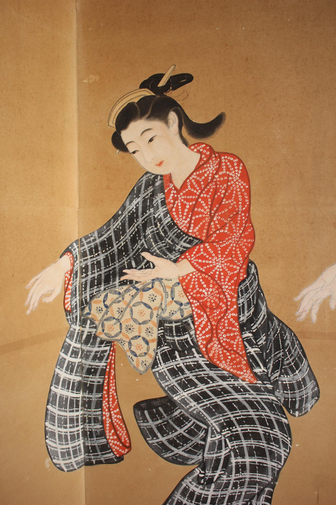 B72 Vieilles antiquités japonaises 6panneaux, citadins dansant Ukiyoe, paravent en vente 5