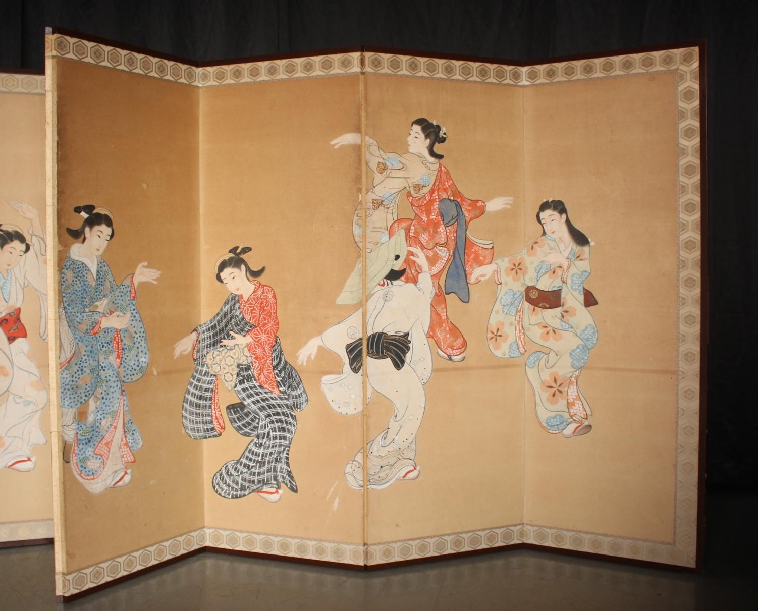 B72 Vieilles antiquités japonaises 6panneaux, citadins dansant Ukiyoe, paravent en vente 6