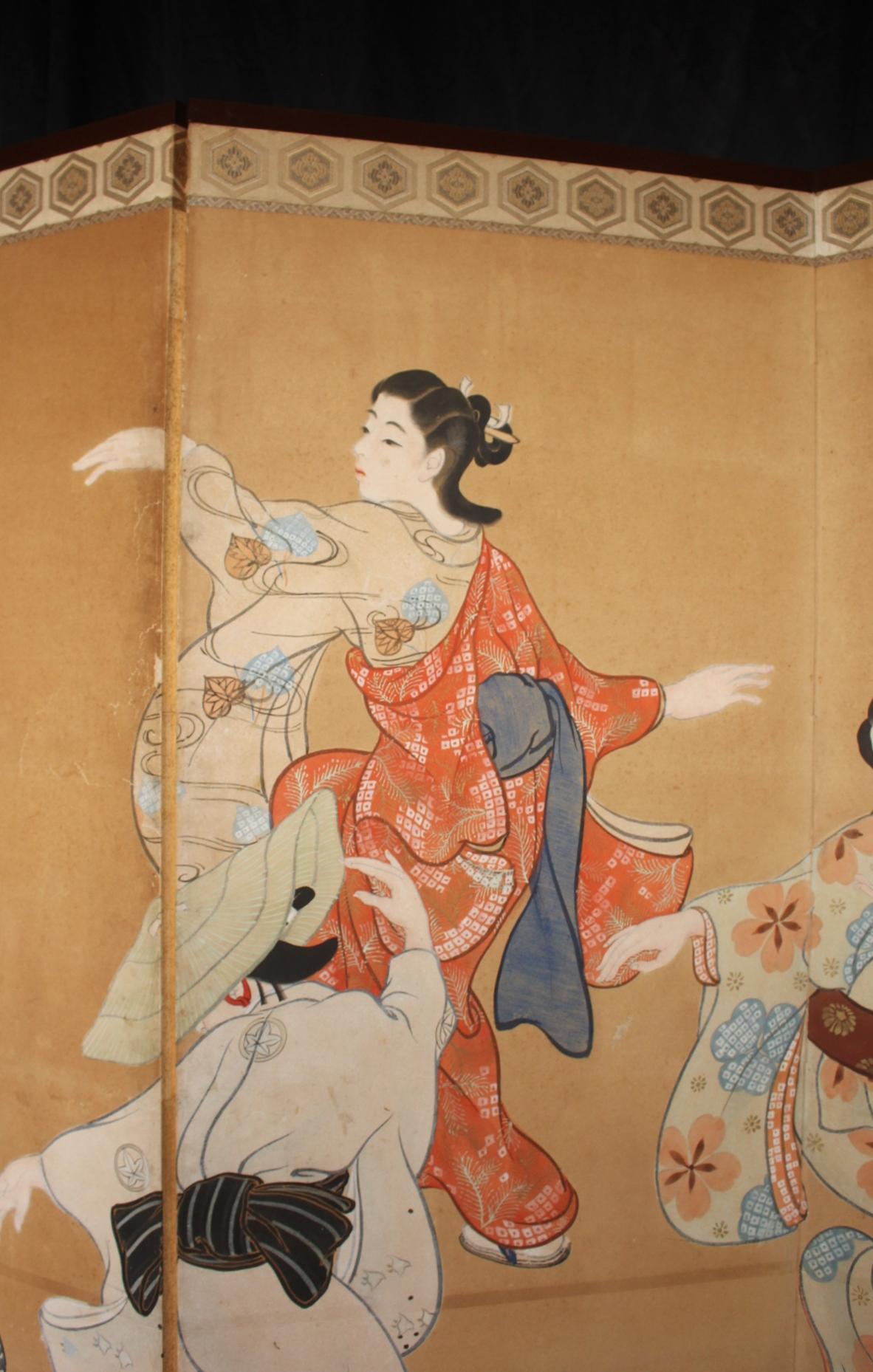 B72 Vieilles antiquités japonaises 6panneaux, citadins dansant Ukiyoe, paravent en vente 7