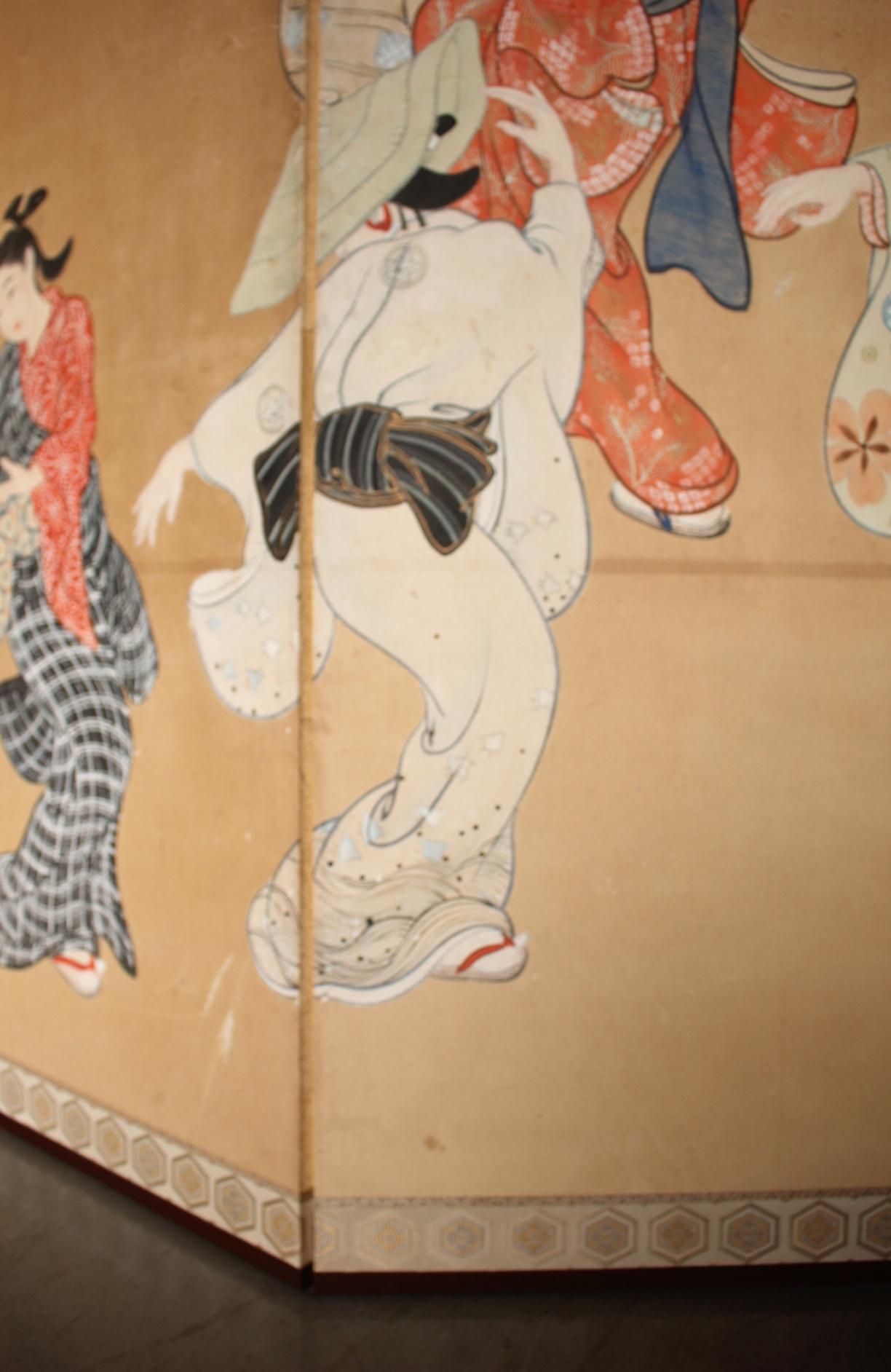 B72 Vieilles antiquités japonaises 6panneaux, citadins dansant Ukiyoe, paravent en vente 8