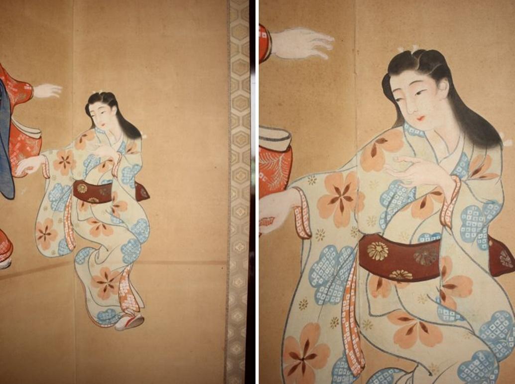 B72 Vieilles antiquités japonaises 6panneaux, citadins dansant Ukiyoe, paravent en vente 9