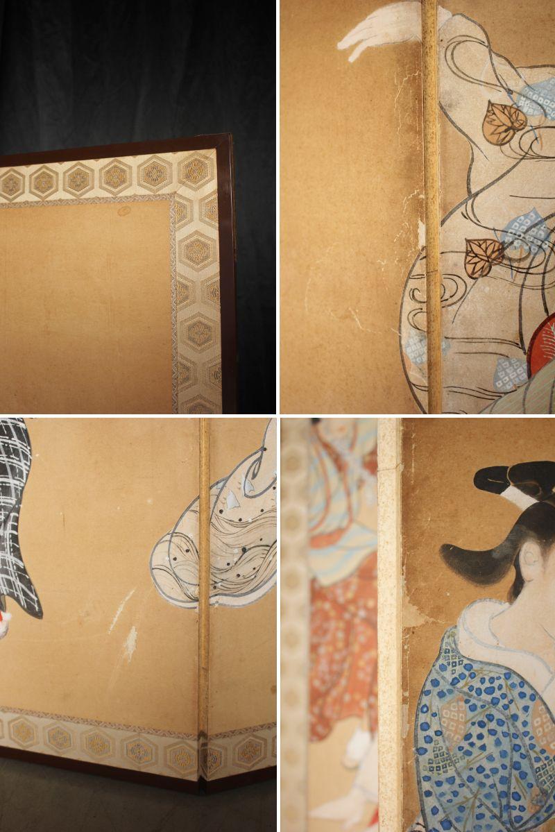 B72 Vieilles antiquités japonaises 6panneaux, citadins dansant Ukiyoe, paravent en vente 10