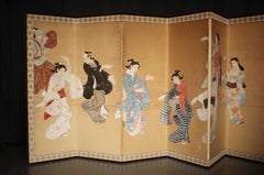 B72 Old Japanese Antiques 6panels, Ukiyoe dancing townpeople, folding Screen