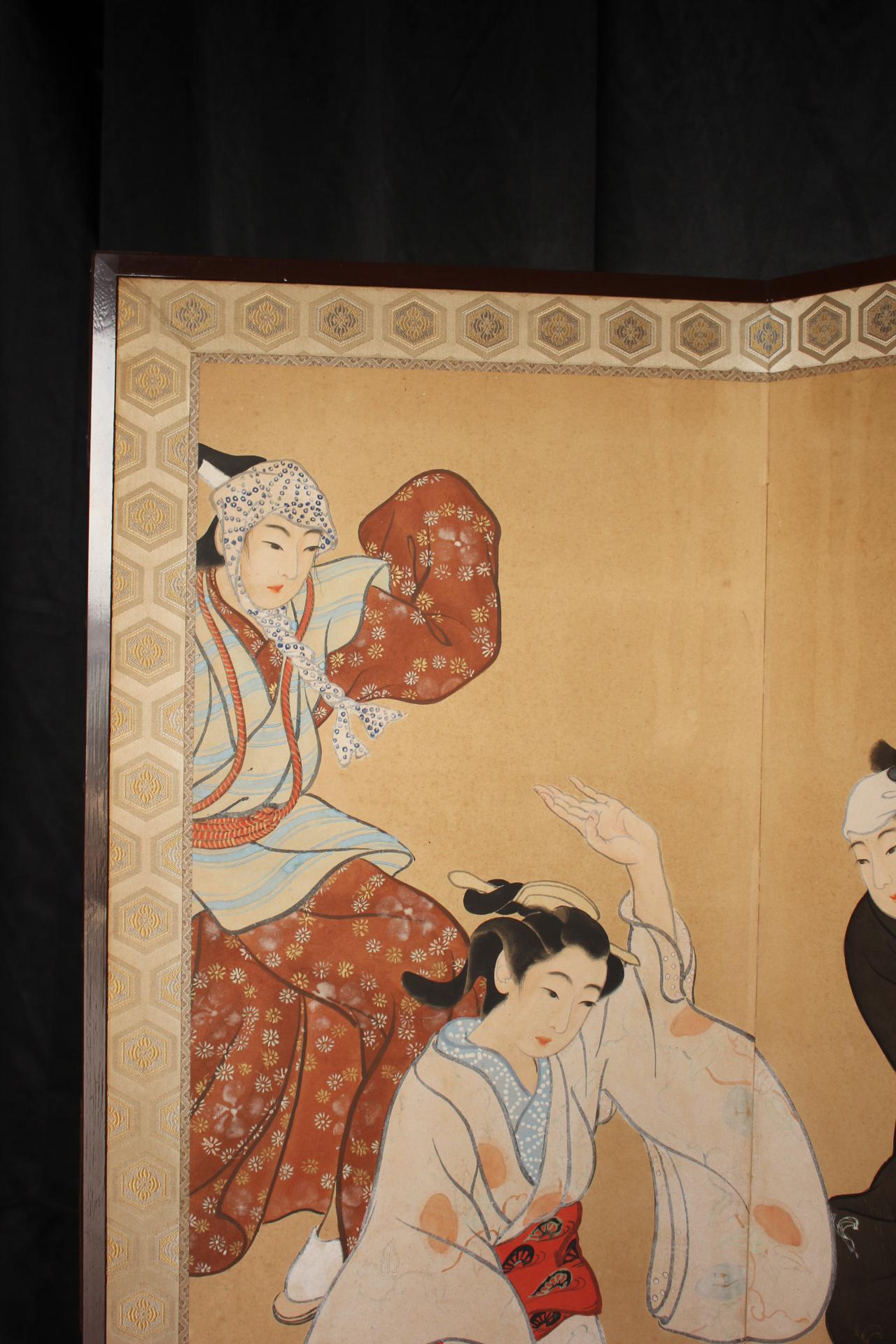 Japonais B72 Vieilles antiquités japonaises 6panneaux, citadins dansant Ukiyoe, paravent en vente