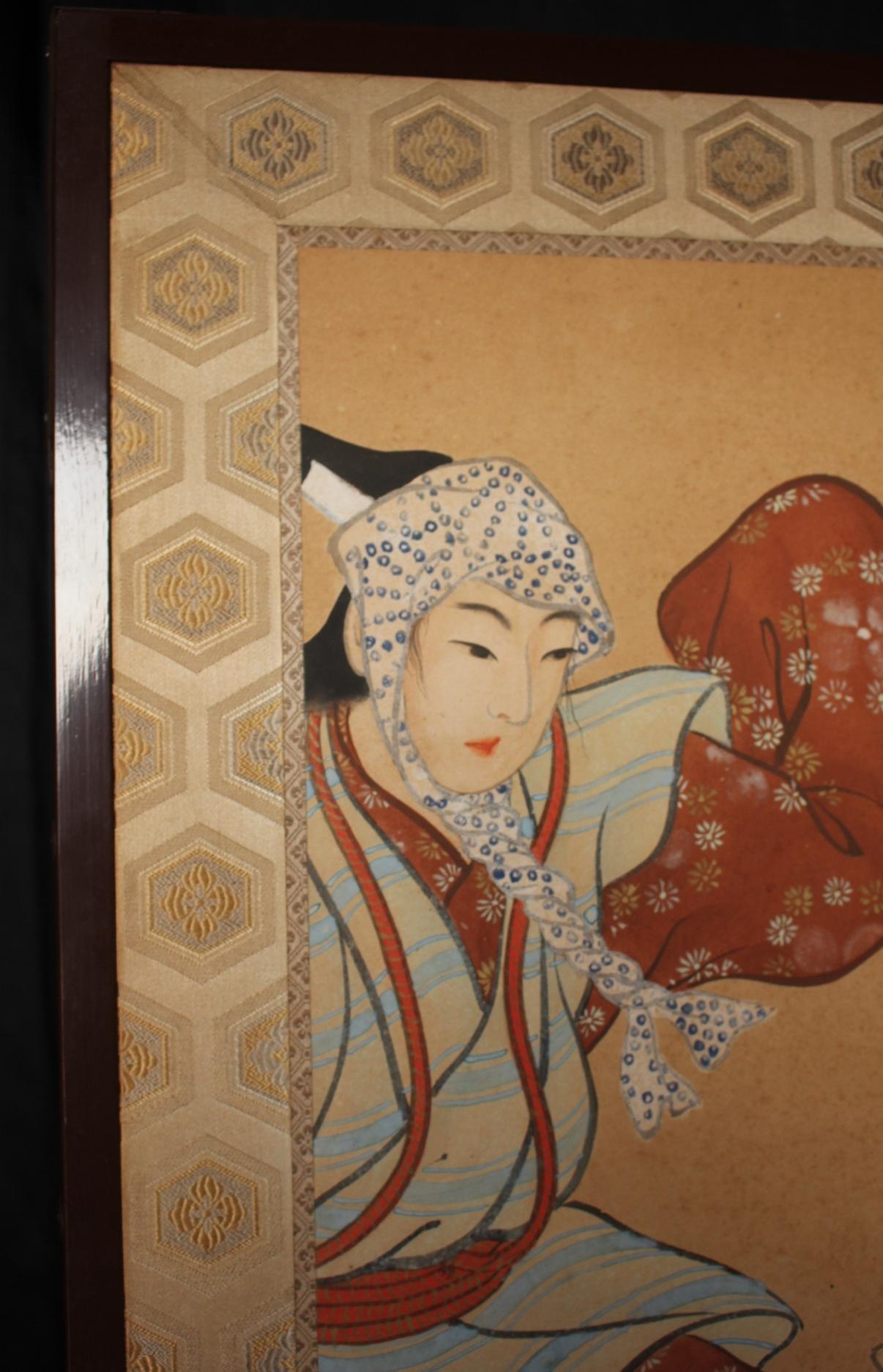 Peint à la main B72 Vieilles antiquités japonaises 6panneaux, citadins dansant Ukiyoe, paravent en vente