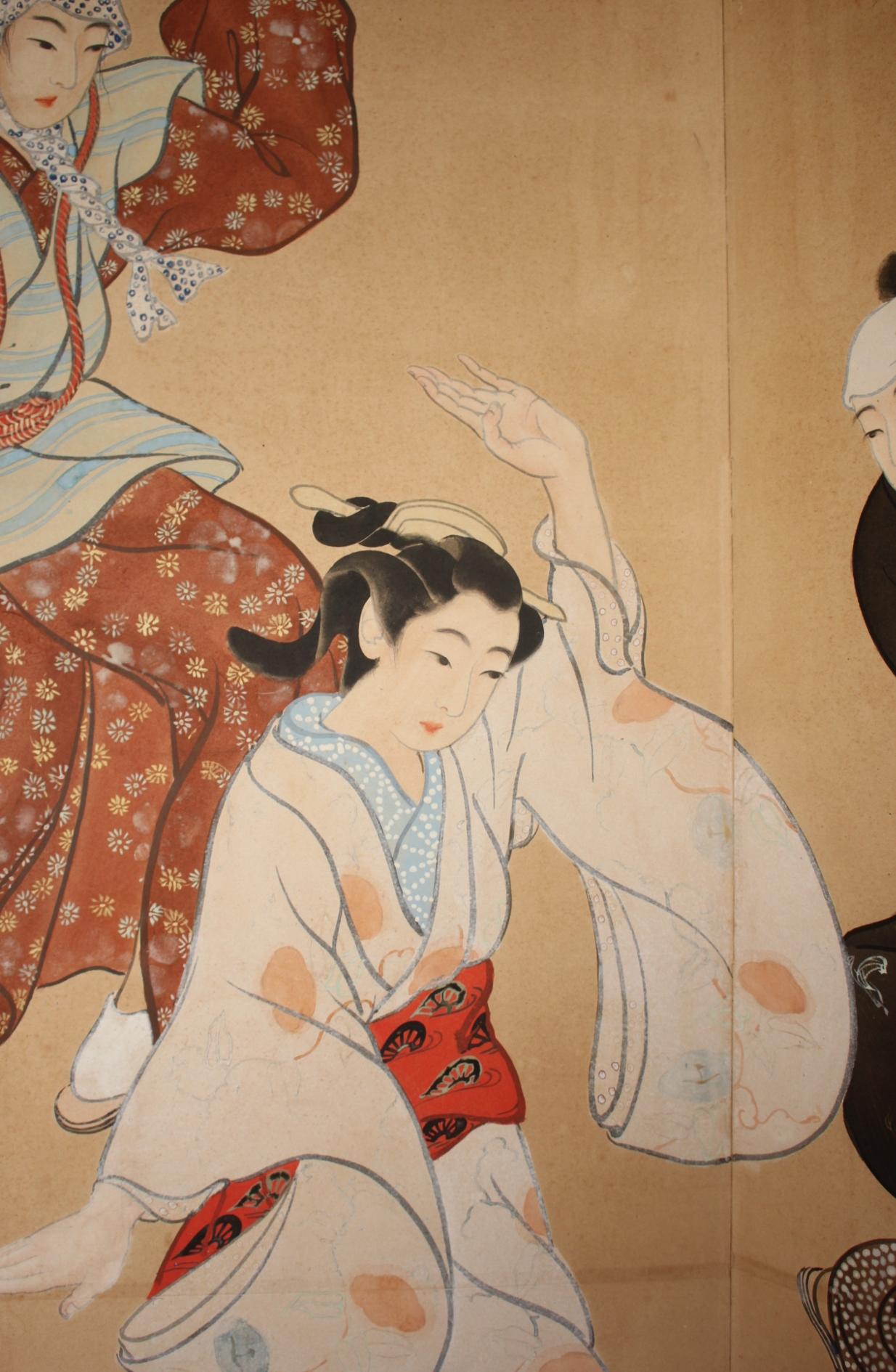 B72 Vieilles antiquités japonaises 6panneaux, citadins dansant Ukiyoe, paravent État moyen - En vente à Niiza, JP