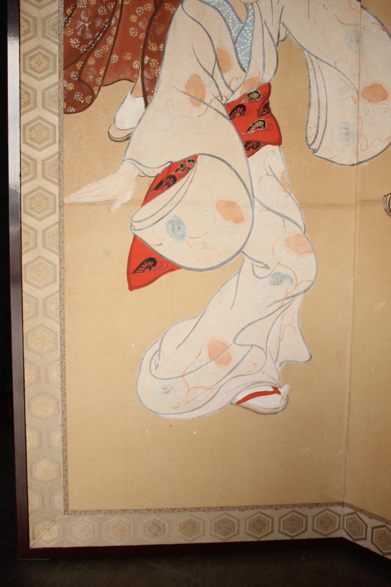 20ième siècle B72 Vieilles antiquités japonaises 6panneaux, citadins dansant Ukiyoe, paravent en vente