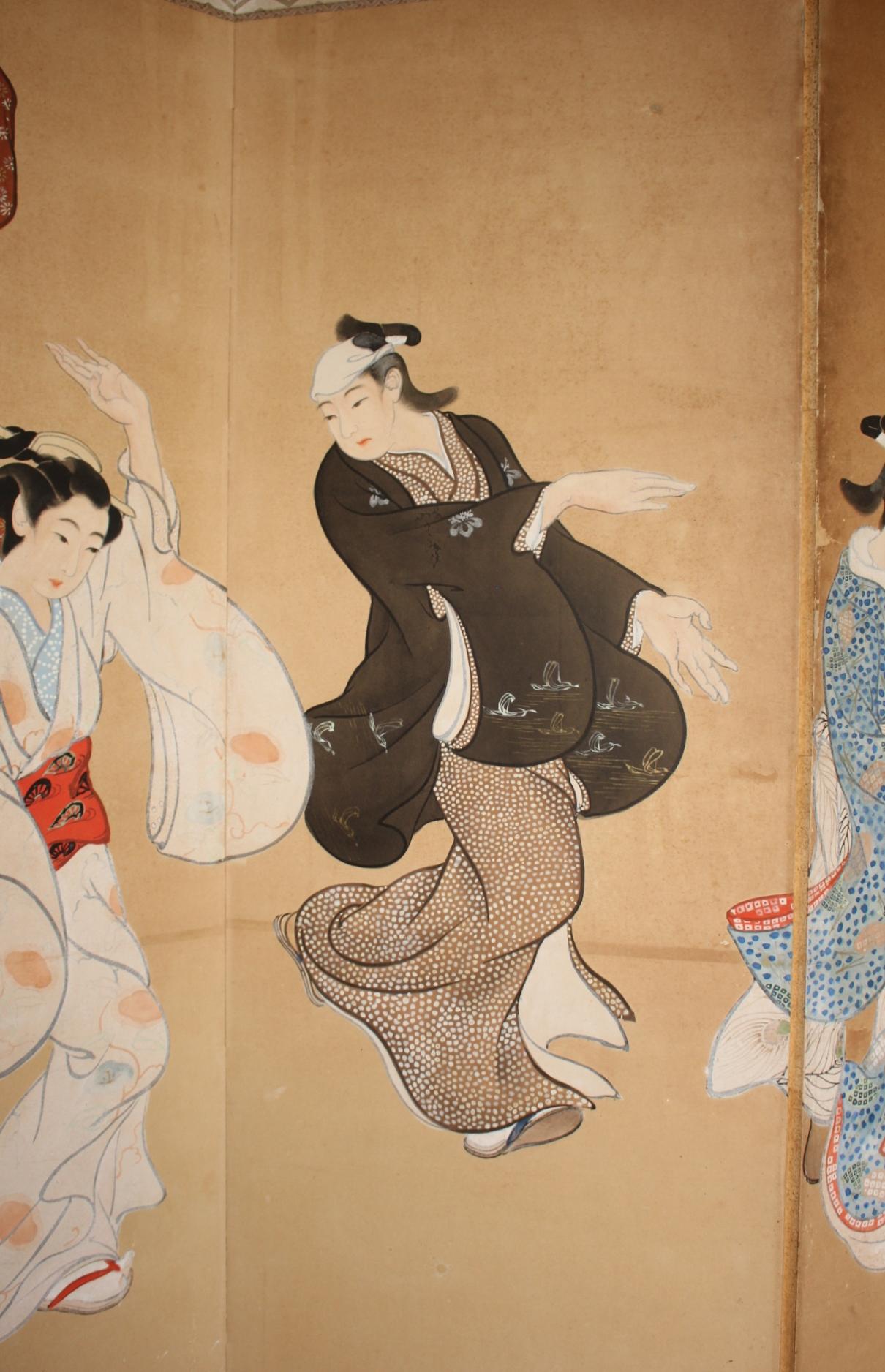 Papier B72 Vieilles antiquités japonaises 6panneaux, citadins dansant Ukiyoe, paravent en vente