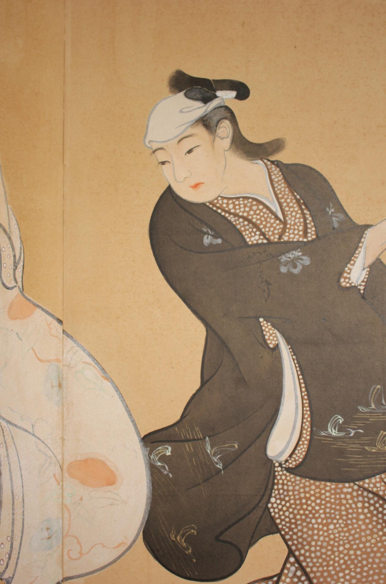 B72 Vieilles antiquités japonaises 6panneaux, citadins dansant Ukiyoe, paravent en vente 1