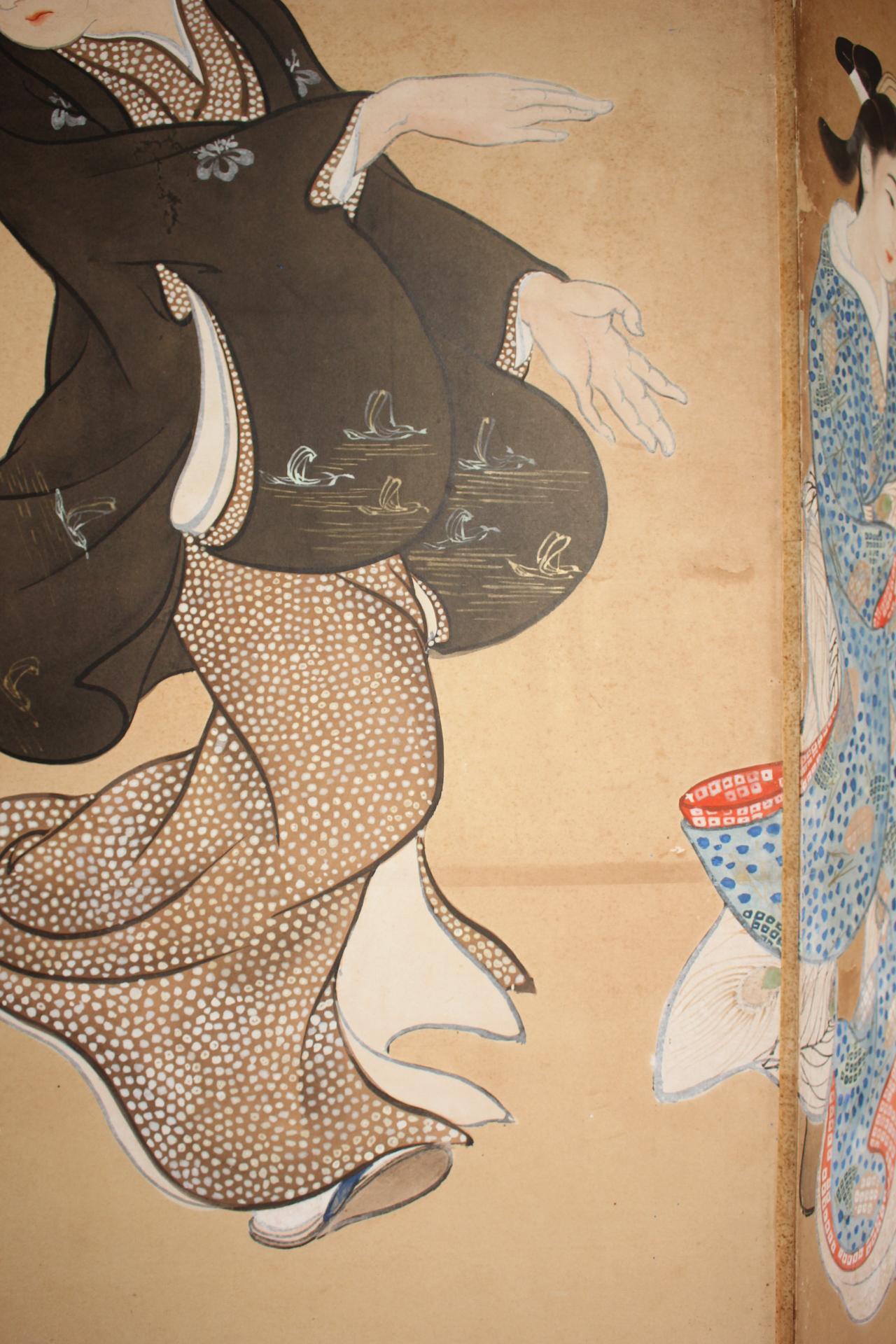 B72 Vieilles antiquités japonaises 6panneaux, citadins dansant Ukiyoe, paravent en vente 2