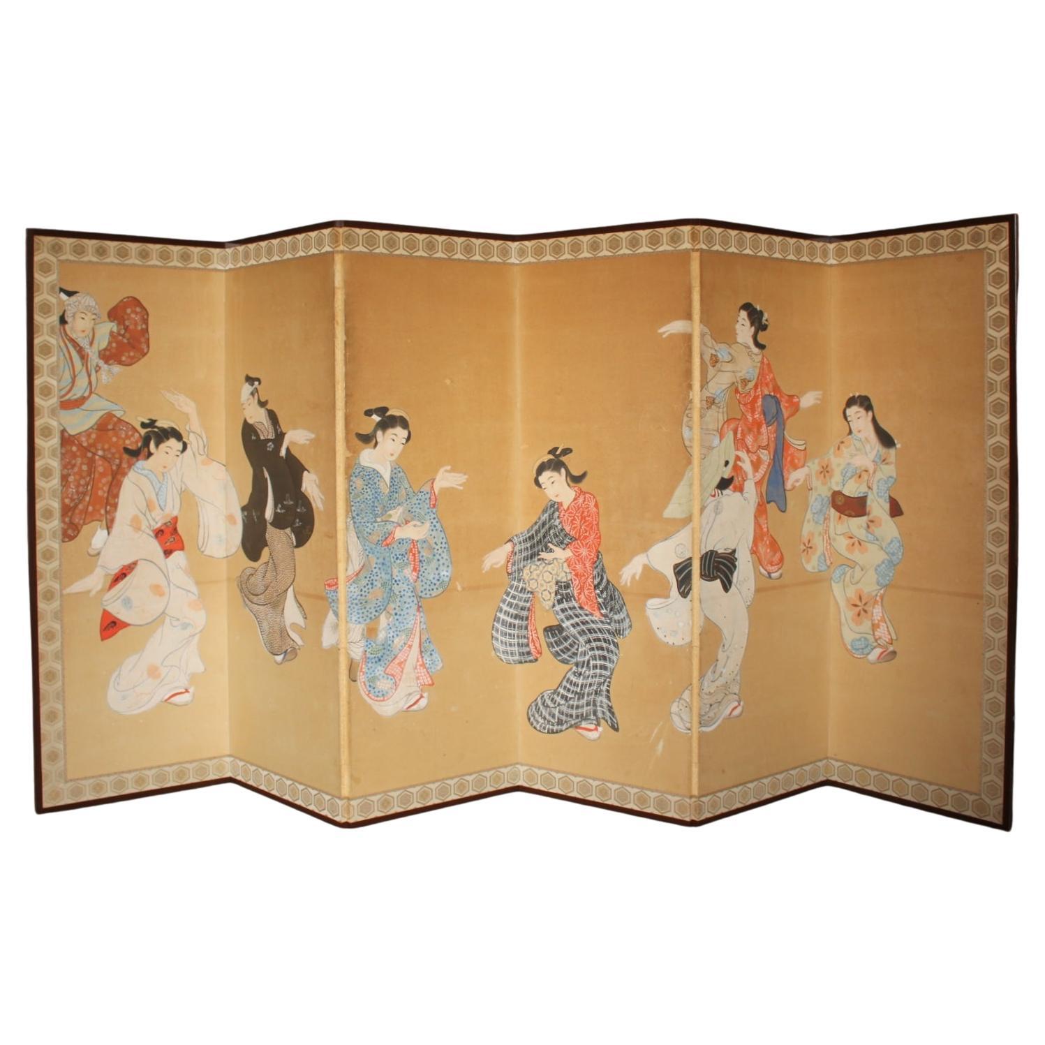 B72 Alte japanische Antiquitäten 6Tafeln, Ukiyoe tanzende Städter, Foldes Screen