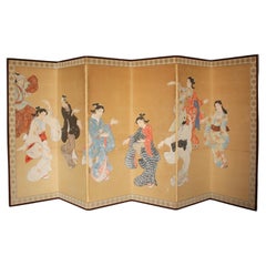 B72 Old Japanese Antiques 6panels, Ukiyoe dancing townpeople, folding Screen