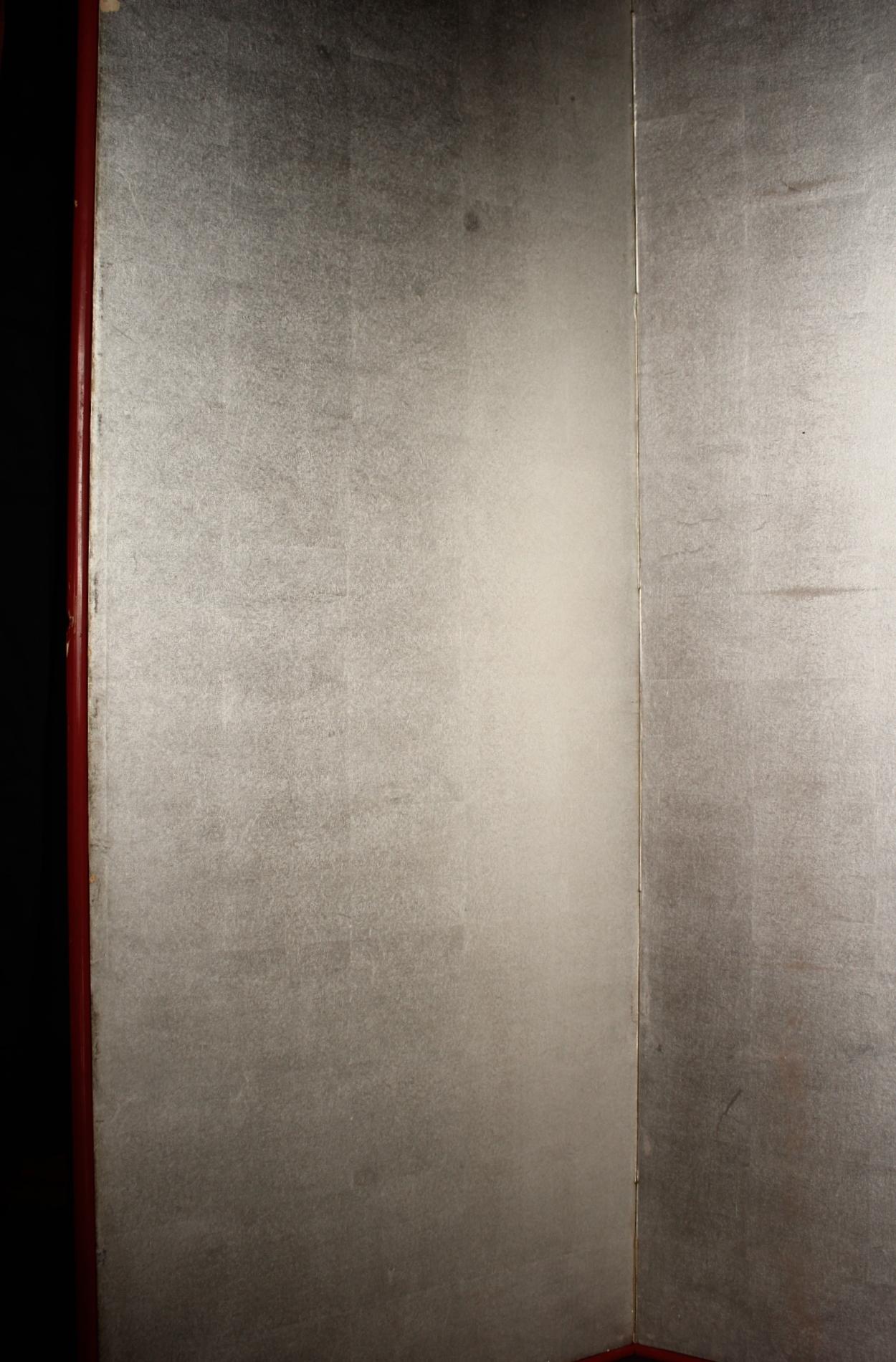 B73 Altjapanisch 6Tafeln, Silberpapier, Foldescreen, rot umrandet im Zustand „Relativ gut“ im Angebot in Niiza, JP