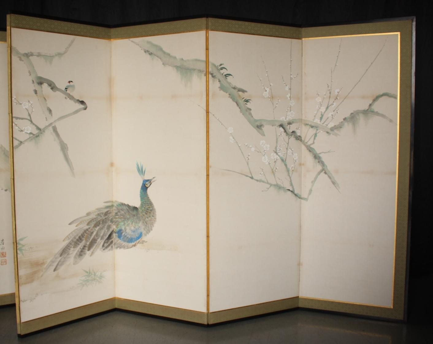 B76 Japanische Antiquitäten 6Paneele, Weiße Pflaumenblüten und Pfau, Faltwand im Angebot 6