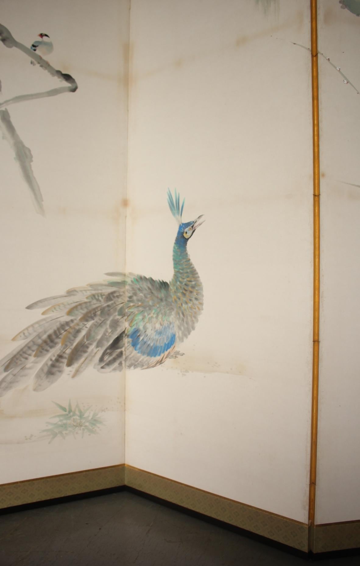 B76 Japanische Antiquitäten 6Paneele, Weiße Pflaumenblüten und Pfau, Faltwand im Angebot 7