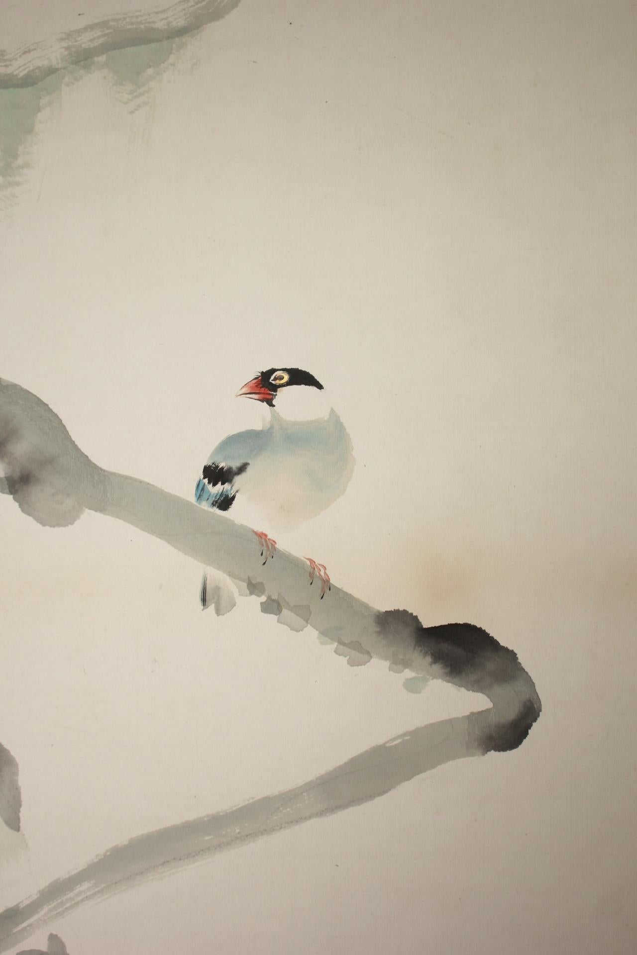 B76 Japanische Antiquitäten 6Paneele, Weiße Pflaumenblüten und Pfau, Faltwand im Angebot 3