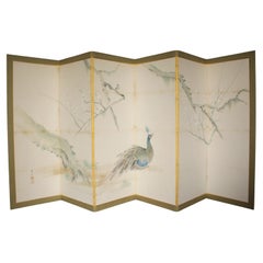 B76 Japanese Antiques 6panels, White Plum Blossoms and Peacock, folding Screen