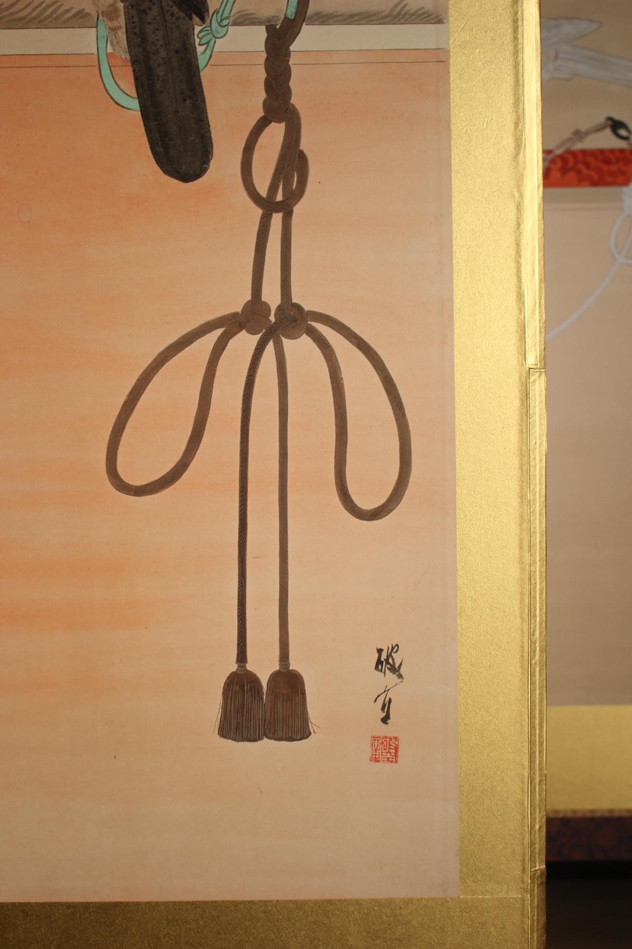 B77 Antiguo biombo japonés de 6 paneles, Halconero en venta 3